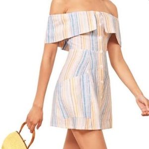 REFORMATION MARBELLA PINSTRIPE YELLOW BLUE OFF SHOULDER BUTTON DRESS SIZE 4